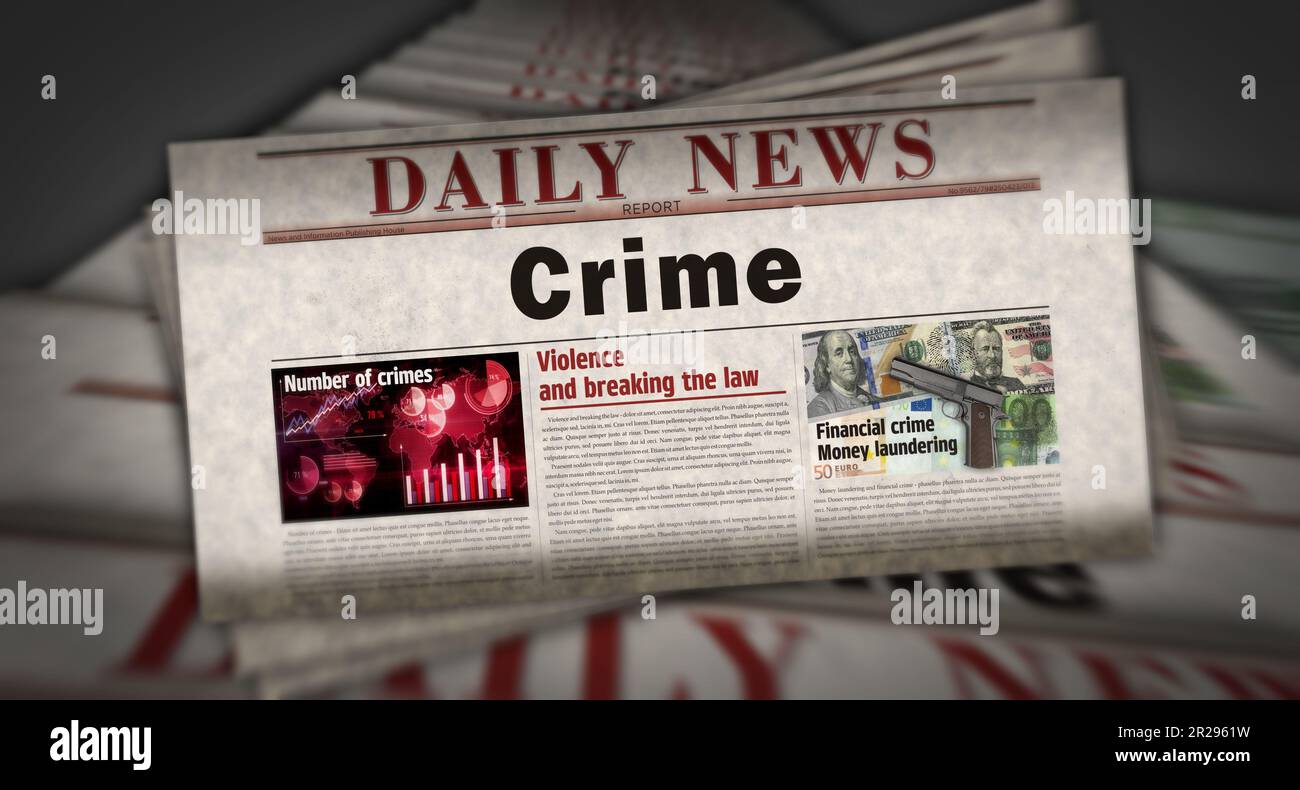 Crime investigation forensic and justice vintage news and newspaper printing. Abstract concept retro headlines 3d illustration. Stock Photo