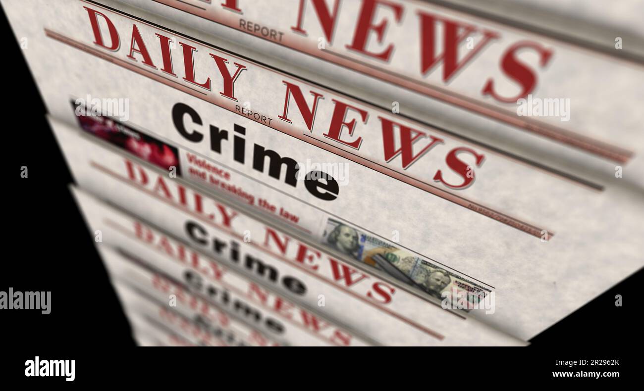 Crime investigation forensic and justice vintage news and newspaper printing. Abstract concept retro headlines 3d illustration. Stock Photo