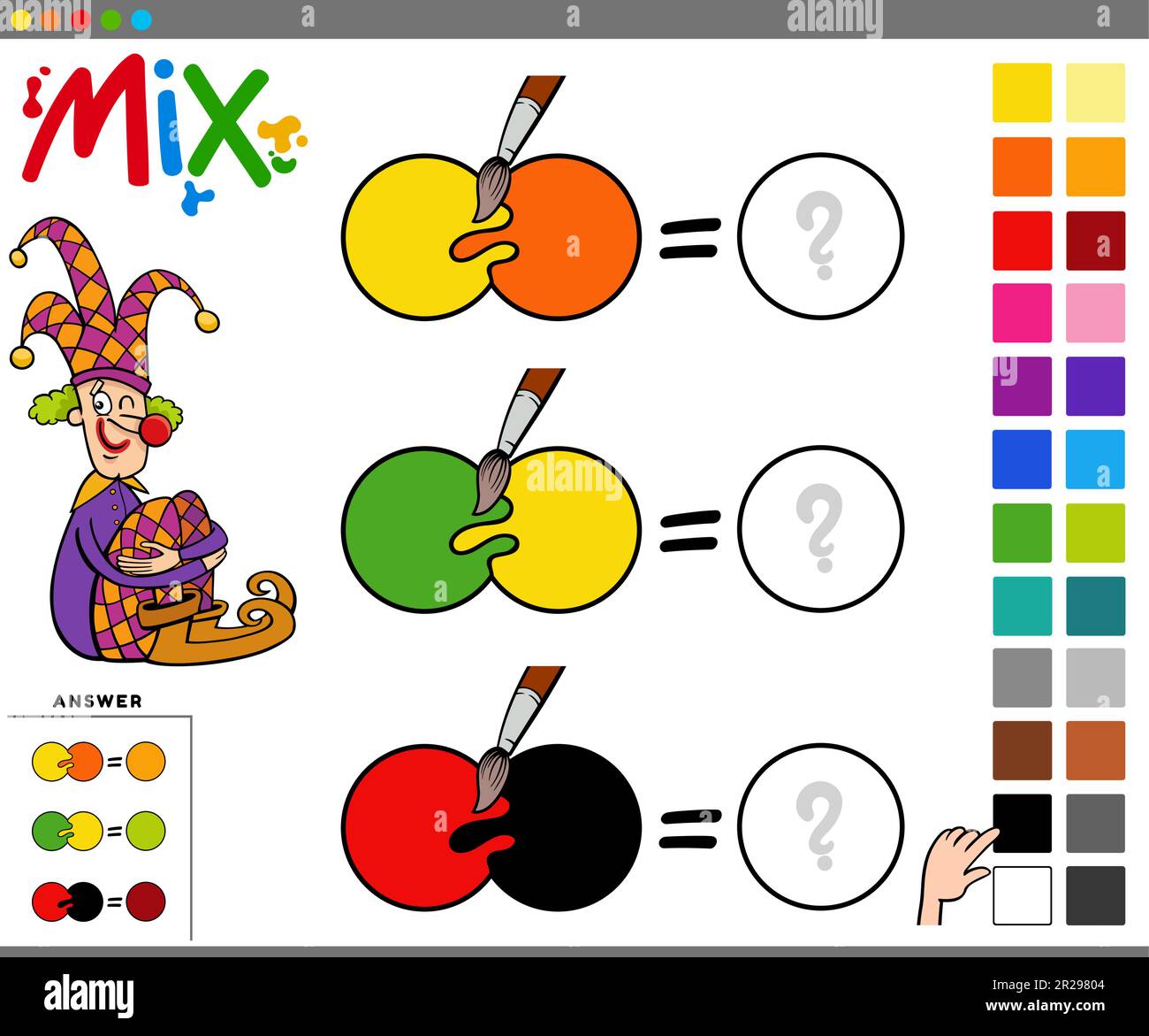 Cartoon illustration of mixing the colors educational game for children