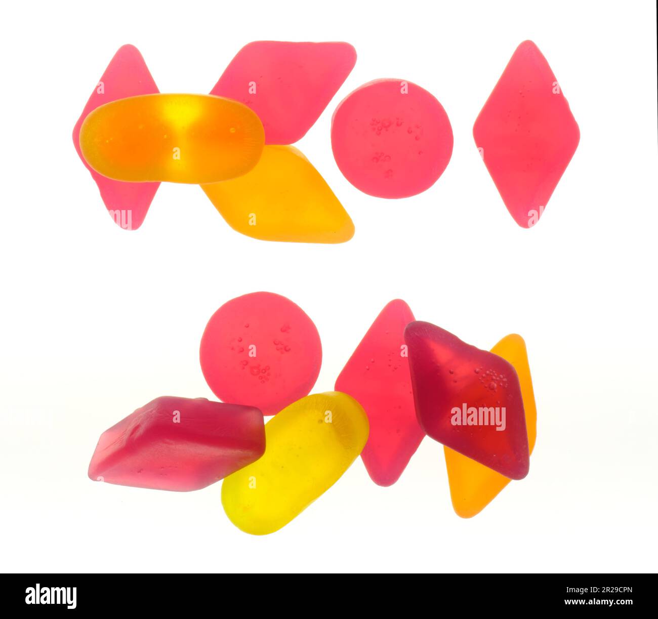 wine gums, fruit gums, sweet food, closeup flat lay, isolated on white