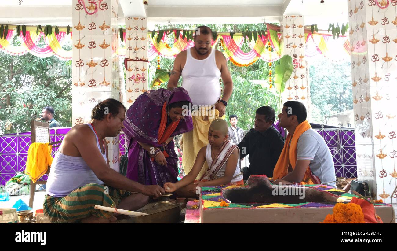 Hindu brahmin Upanayana or The sacred thread ceremony. His entry into the Brahmacharya stage of