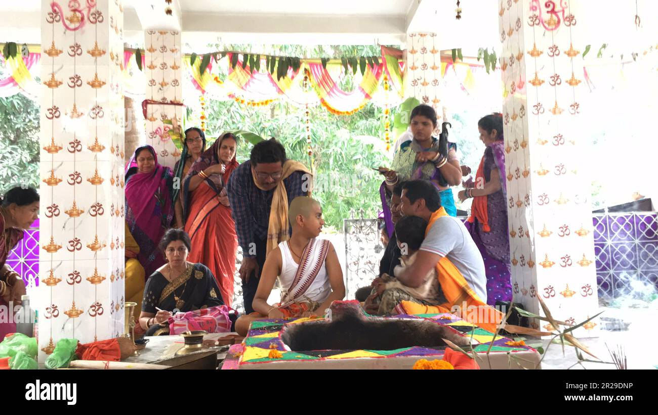 Hindu brahmin Upanayana or The sacred thread ceremony. His entry into the Brahmacharya stage of