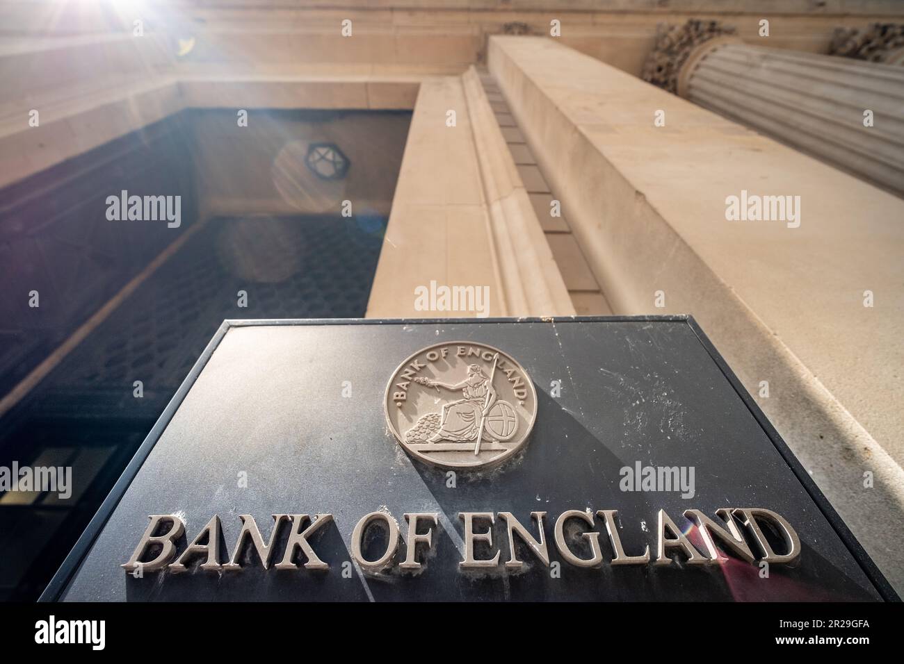 London- May 2023: Bank of England exterior sign in the City of London Stock Photo