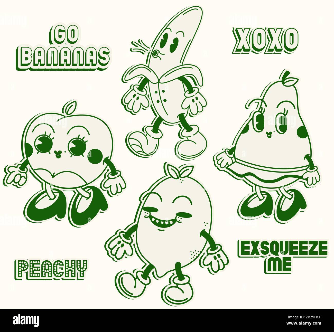 Ftuits groovy illustration stickers retro style Stock Vector
