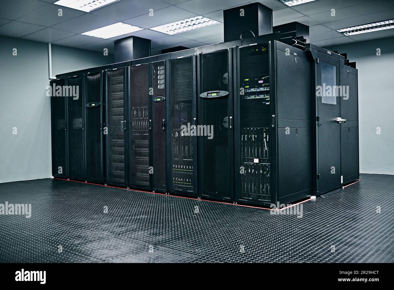 Server room, empty or hardware electronics for internet connection, admin servers or cyber security system. IT support background, information Stock Photo