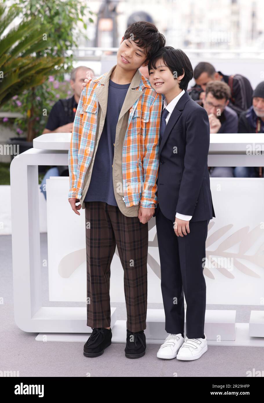Soya Kurokawa, left, and Hinata Hiiragi pose for photographers at the