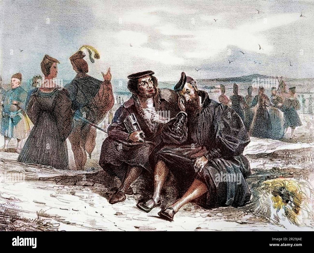 Faust se promene avec Wagner, son assistant et apprenti, au milieu de la foule bruyante des etudiants et des jeunes filles, des bourgeois et des soldats - Faust tragedie de M. de Goethe, traduite en francais par M. Albert StapferIllustration d'Eugene Delacroix (colorie ulterieurement) Chez C. Motte et Sautelet (Paris), 1828 Stock Photo