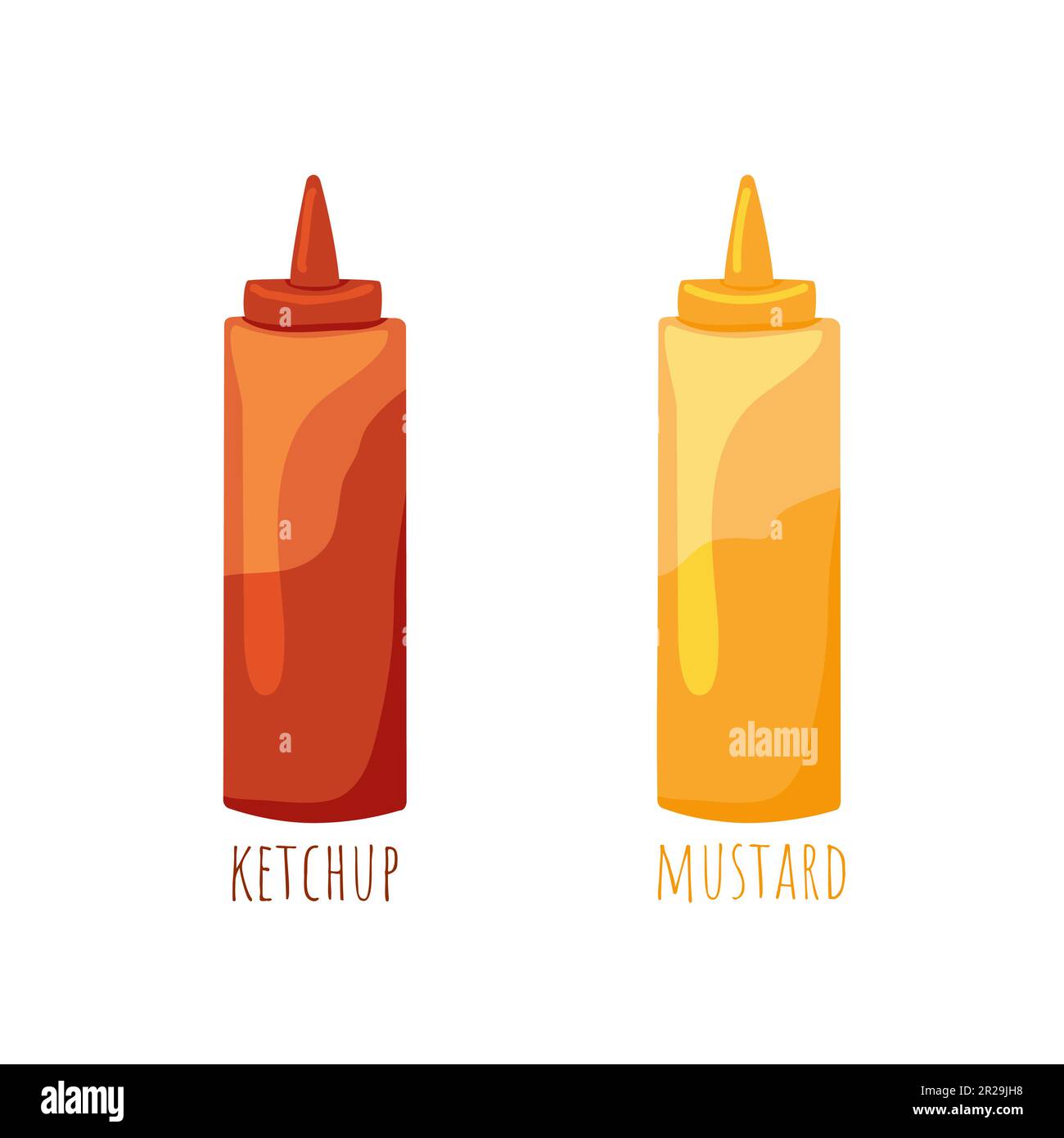 Tall bottles of ketchup and mustard with script isolated on white background. Red and yellow sauces pack. For flash cards, menu, poster. Vector illustration. Stock Vector