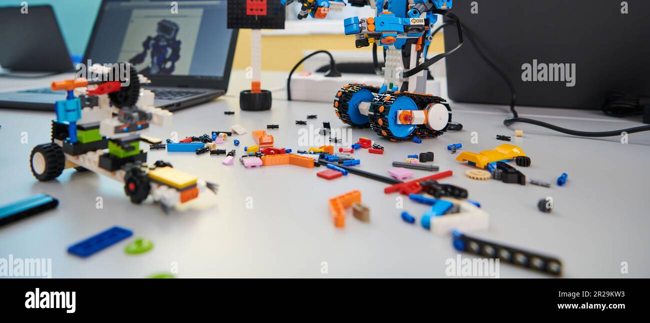 Various components and installations for robot fabrication fill the