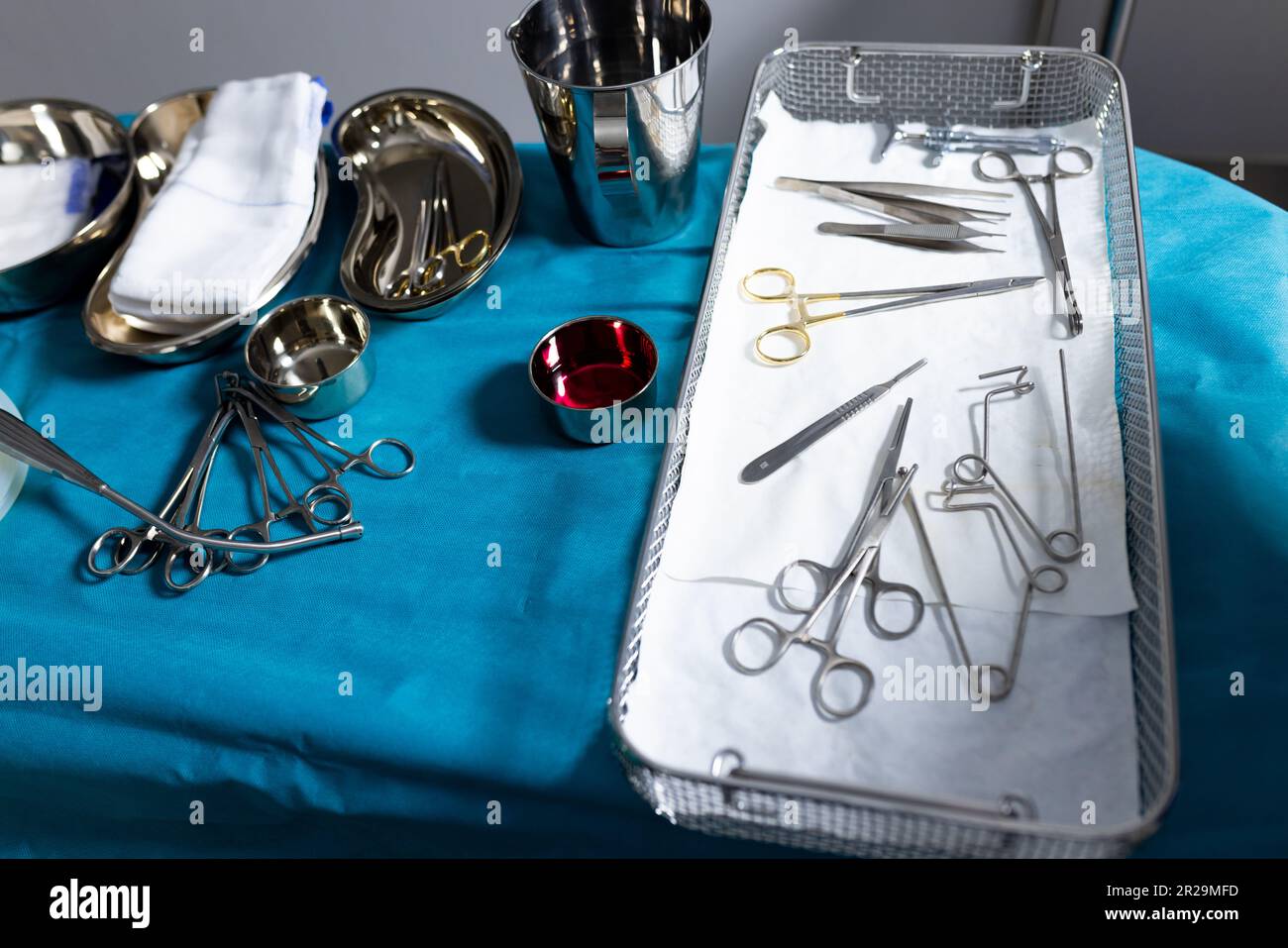 Sterilised surgical tools and equipment in trays in hospital operating