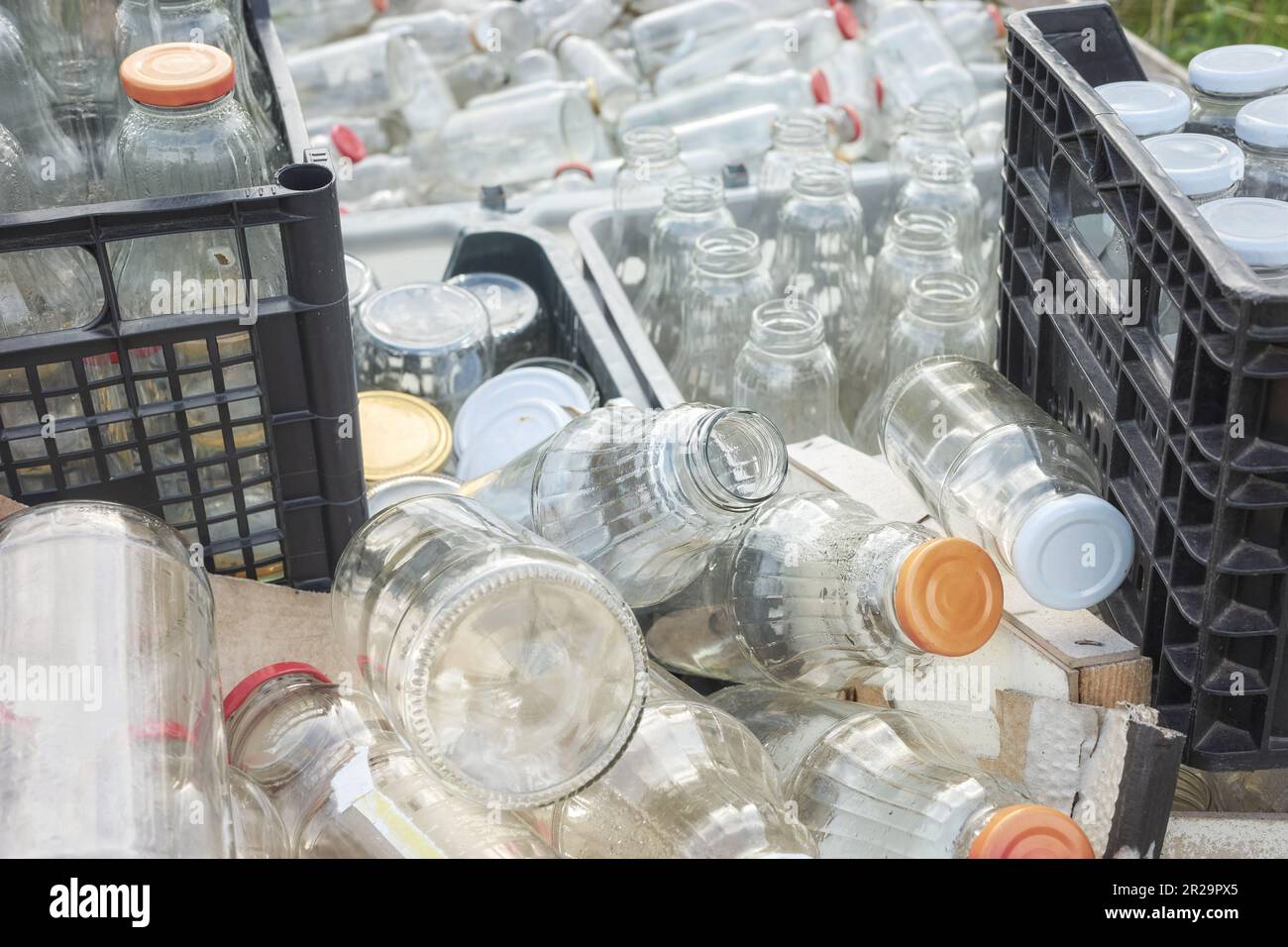 Various various types of empty glass bottles stored in containers for