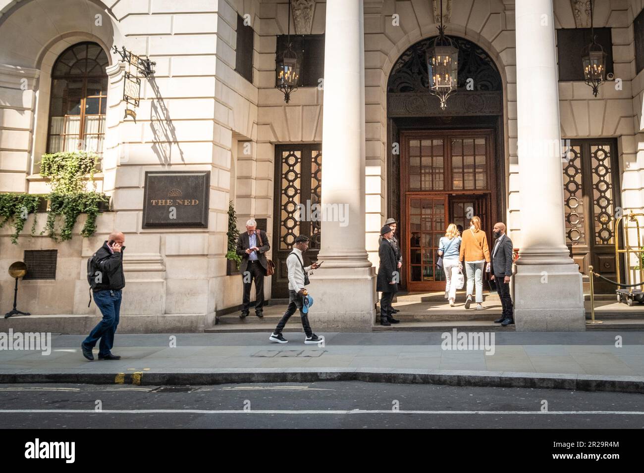 London- May 2023: The Ned, signage of the 5 star hotel and private members club in the City of London Stock Photo