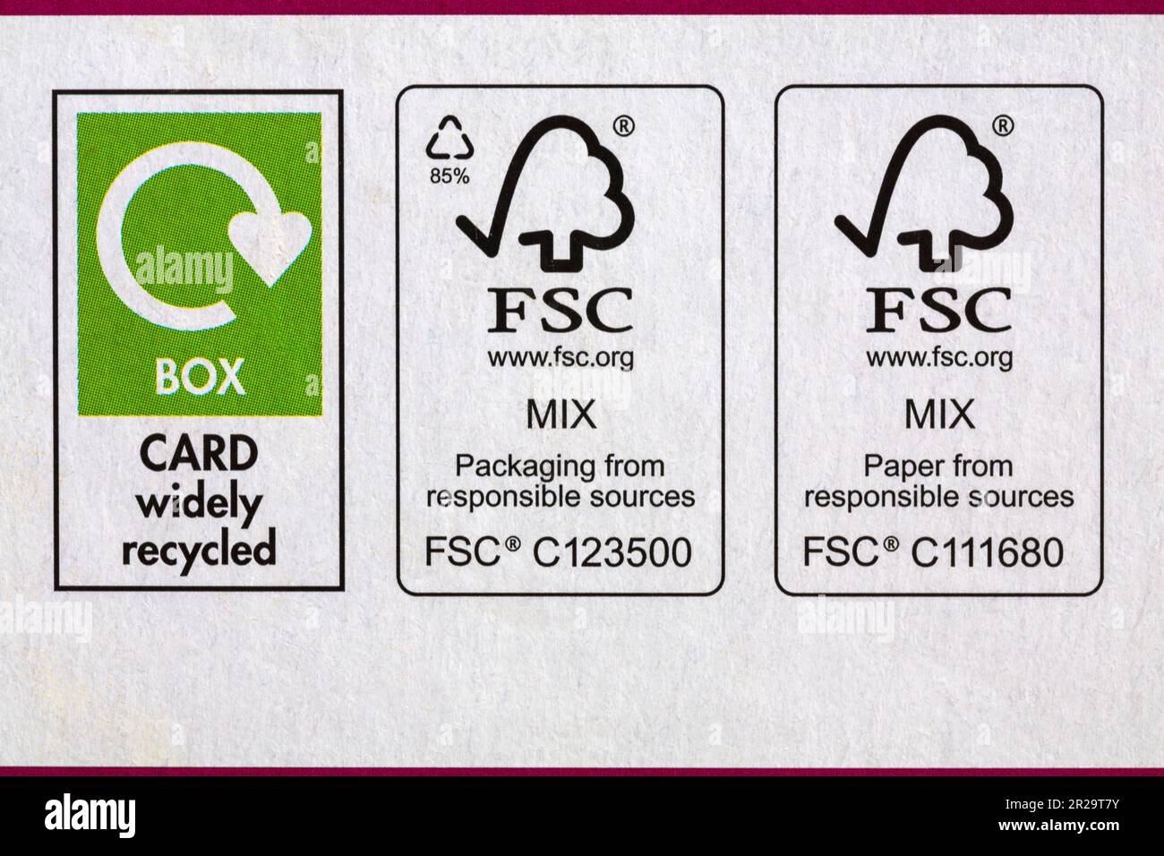 Recycle information, recycling information, disposal instructions on box of greaseproof & baking paper by Sainsburys - recycling recycle logo symbol Stock Photo