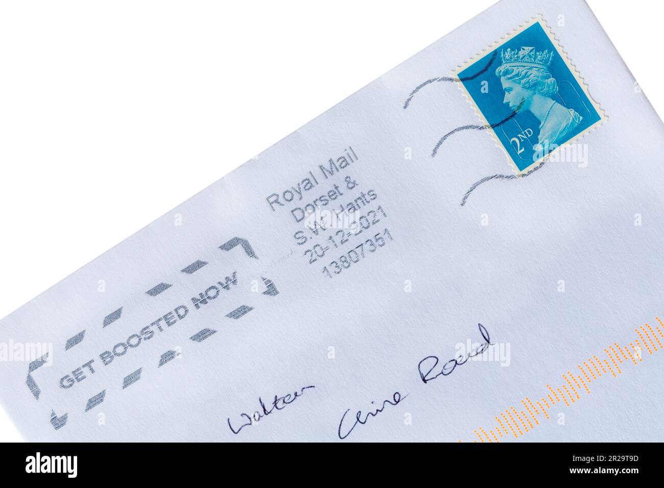 2nd class postage stamp with Queens head on envelope with Royal Mail