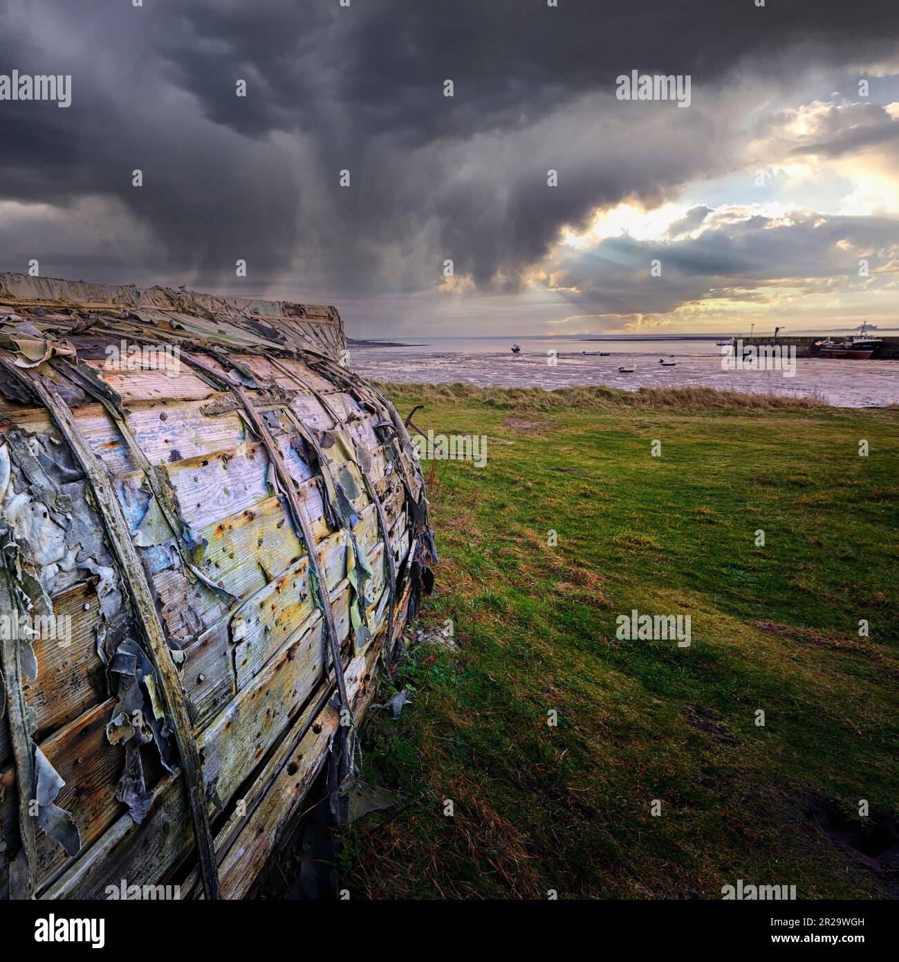 Upturned Herring boats used as fisherman's huts on Lindisfarne Island