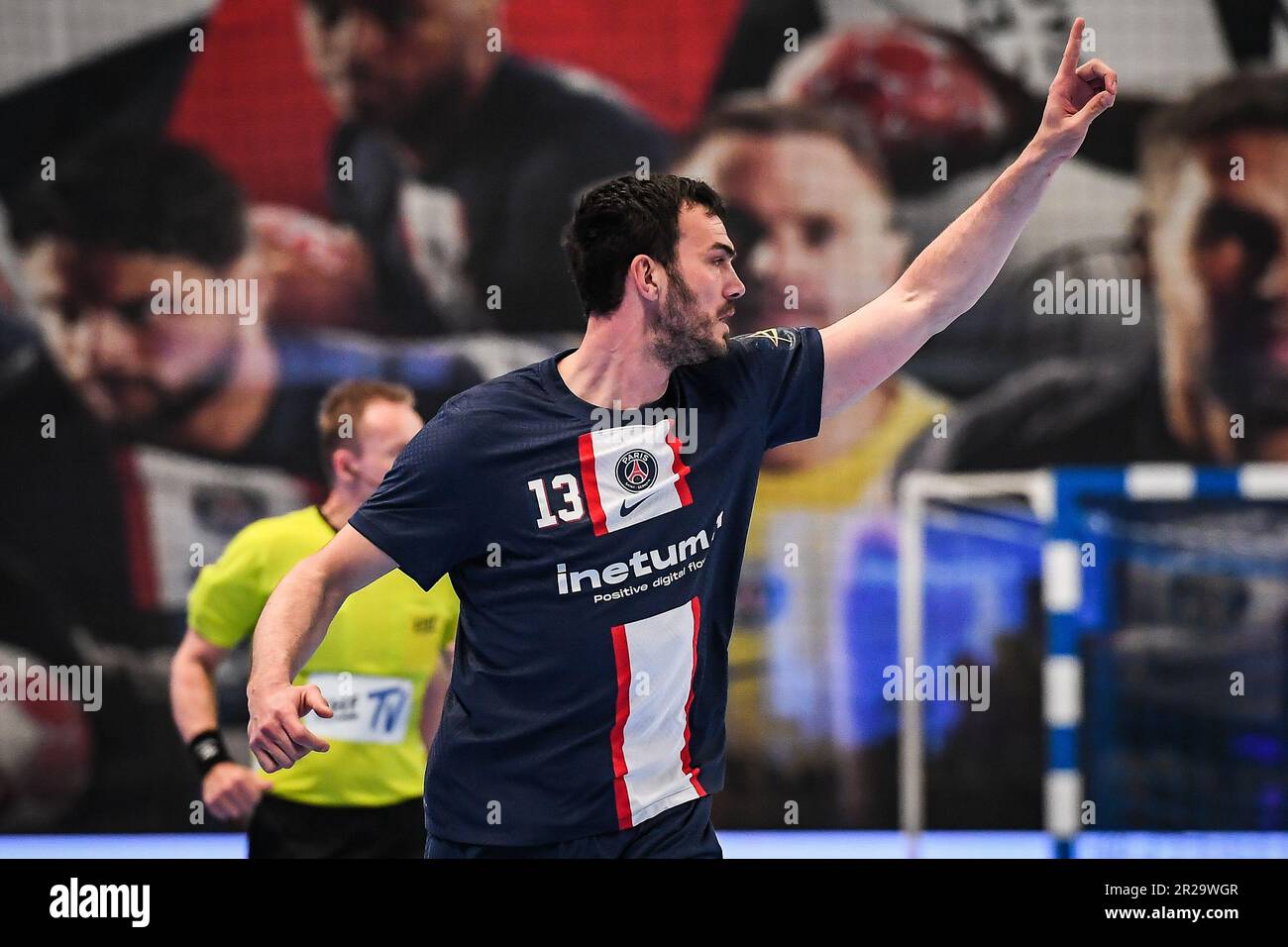 Petar NENADIC of PSG celebrates his point during the EHF Champions League, Quarter-finals, 2nd leg handball match between Paris Saint-Germain and THW Kiel on May 17, 2023 at Pierre de Coubertin stadium in Paris, France - Photo: Matthieu Mirville/DPPI/LiveMedia Stock Photo