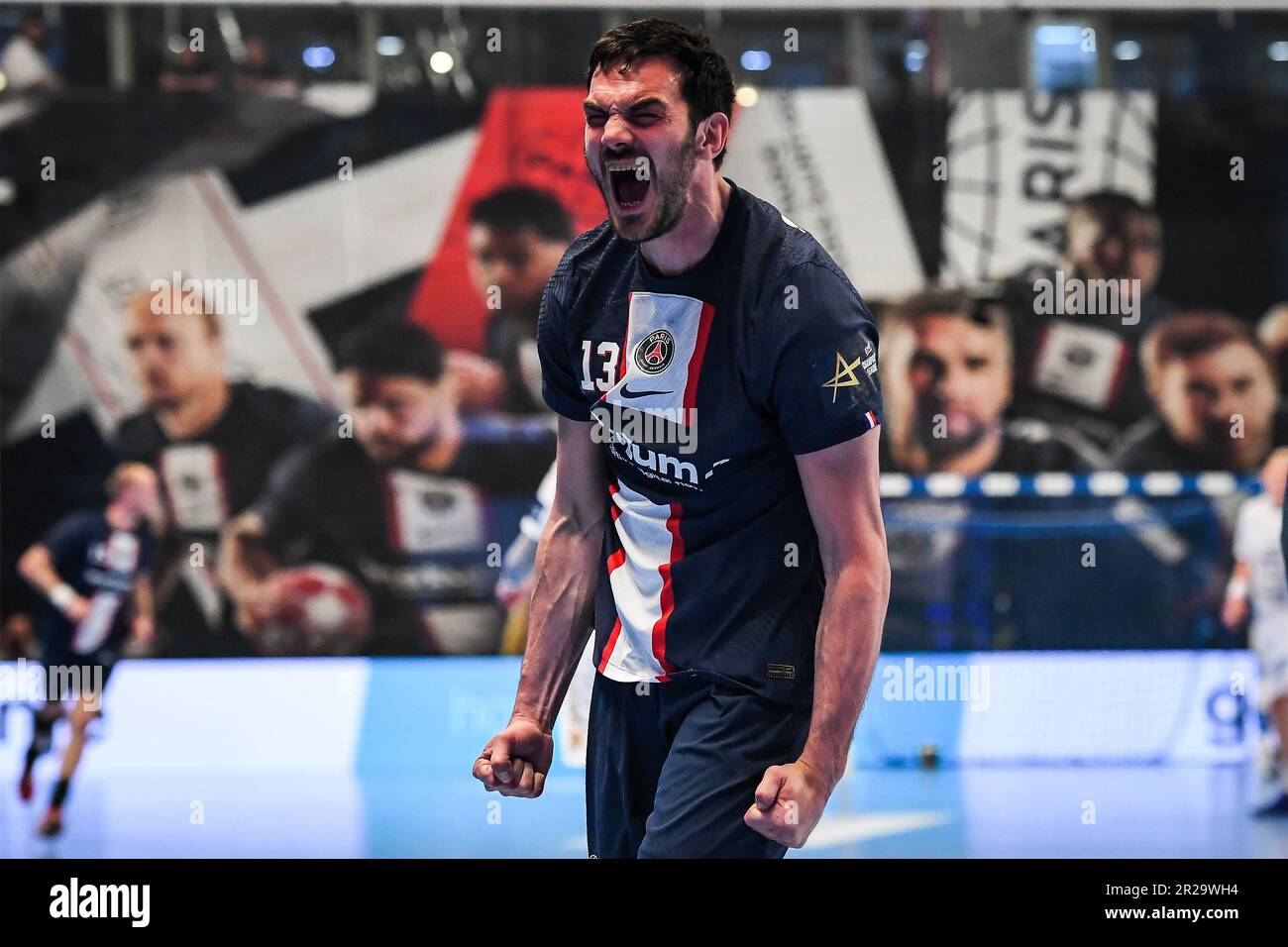 Petar NENADIC of PSG celebrates his point during the EHF Champions League, Quarter-finals, 2nd leg handball match between Paris Saint-Germain and THW Kiel on May 17, 2023 at Pierre de Coubertin stadium in Paris, France - Photo: Matthieu Mirville/DPPI/LiveMedia Stock Photo