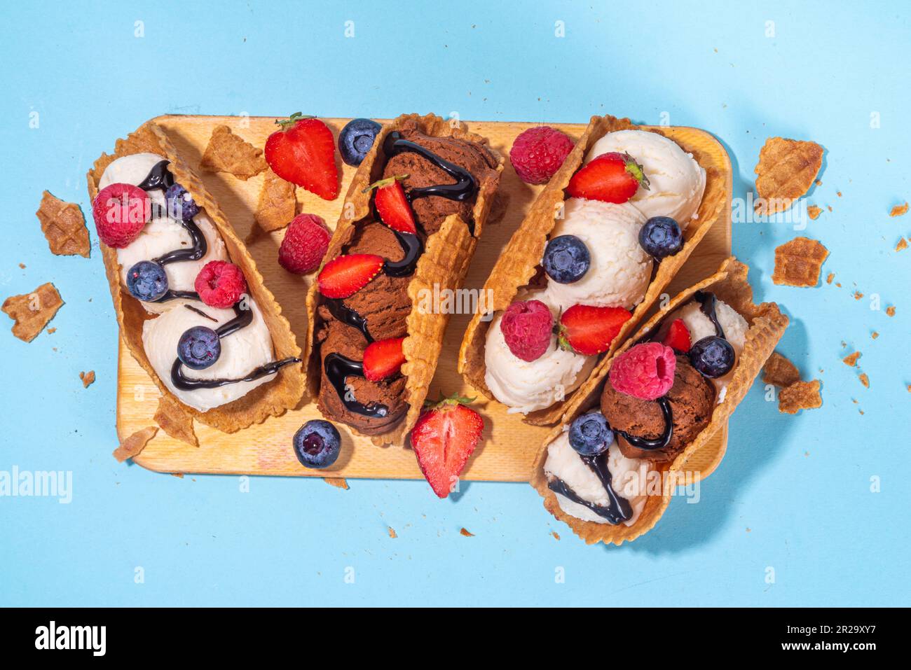 Various sweet taco ice creams. Waffle taco shells with chocolate and