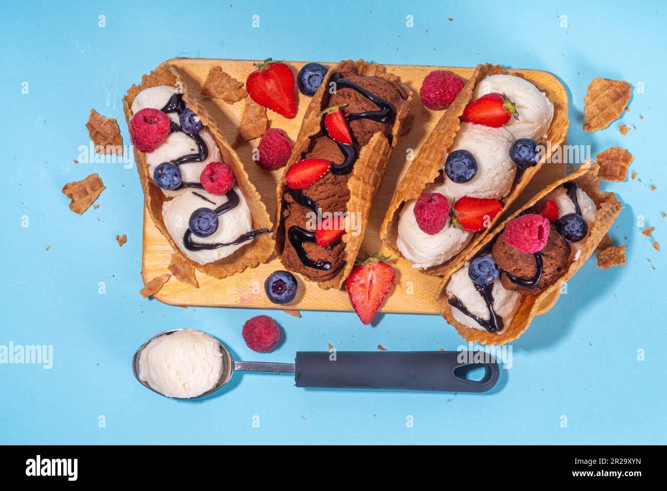 Various sweet taco ice creams. Waffle taco shells with chocolate and