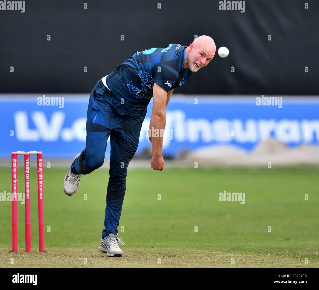 Derbyshire's Zak Chappell bowling during a Second XI T20 match against Nottinghamshire. Stock Photo