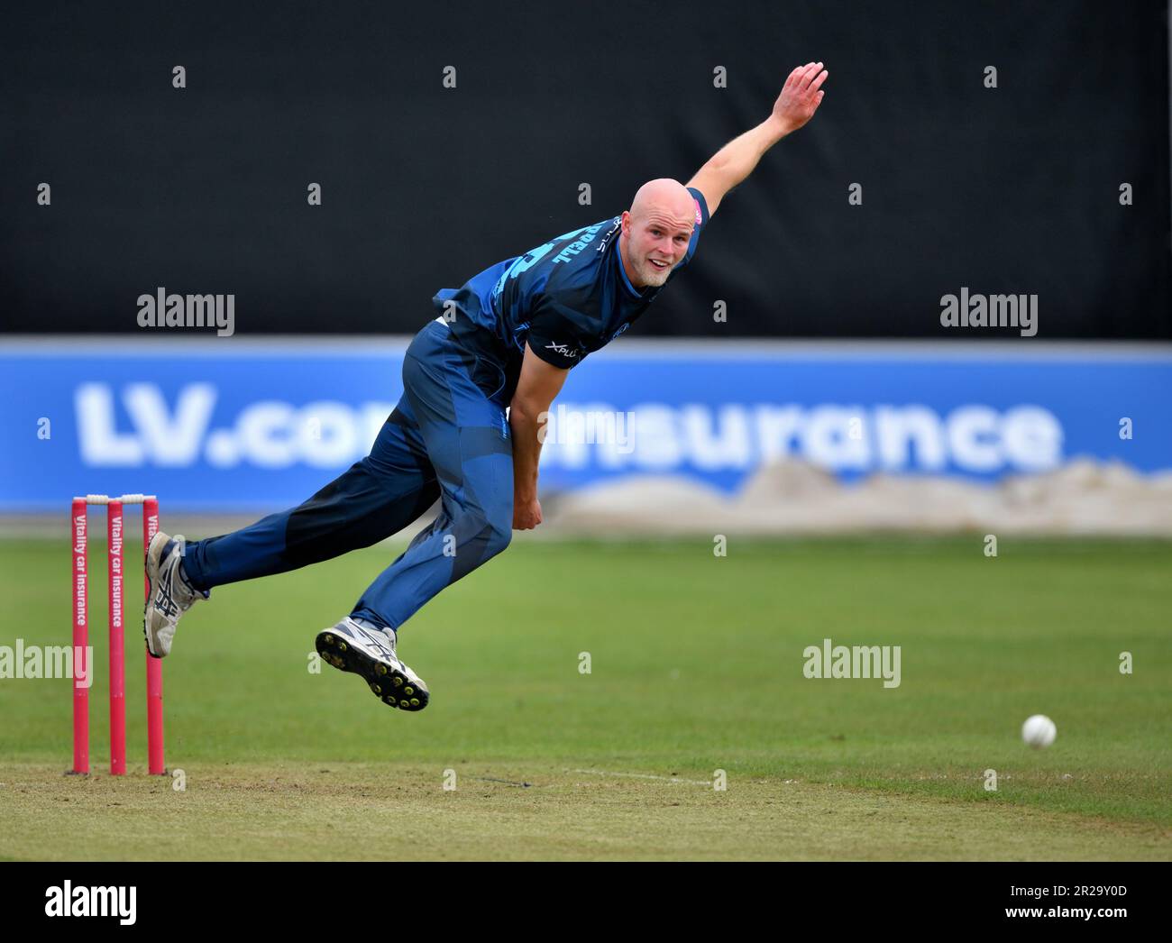 Derbyshire's Zak Chappell bowling during a Second XI T20 match against Nottinghamshire. Stock Photo