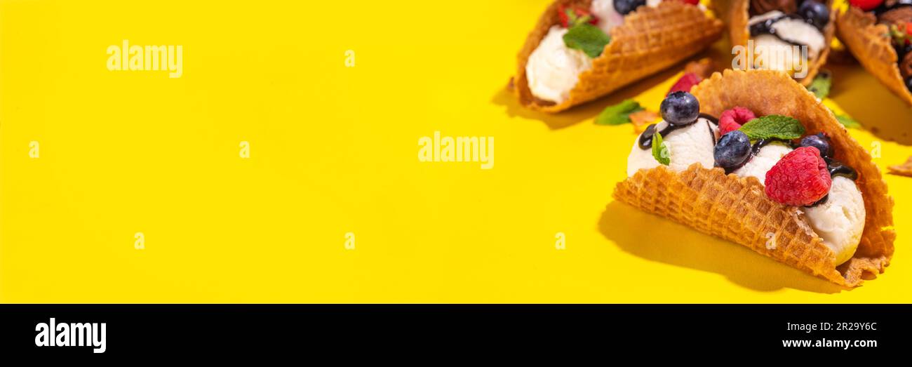 Various sweet taco ice creams. Waffle taco shells with chocolate and
