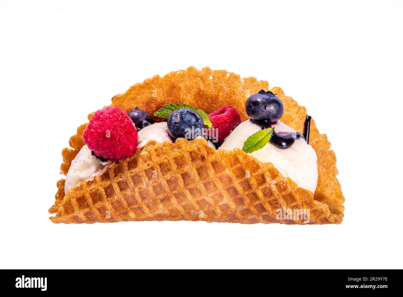 Various sweet taco ice creams. Waffle taco shells with chocolate and vanilla flavour ice cream