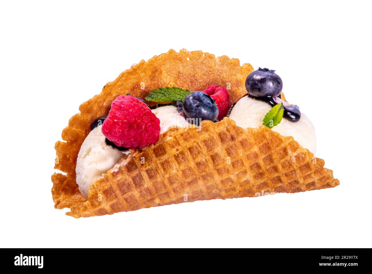 Various sweet taco ice creams. Waffle taco shells with chocolate and vanilla flavour ice cream