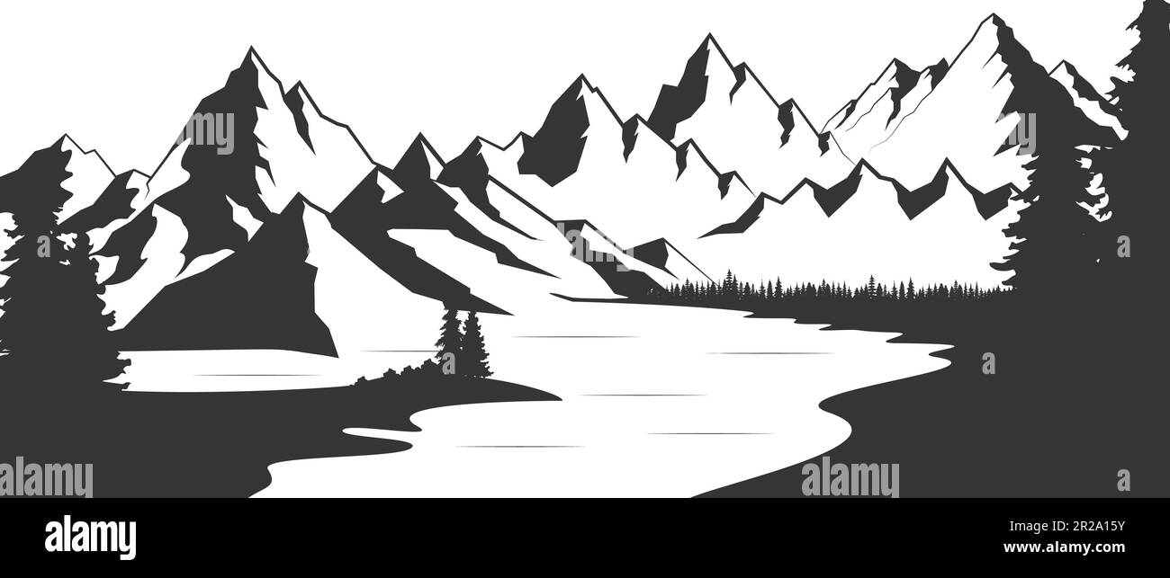 Mountain with pine trees and lake landscape. Silhouette illustration ...
