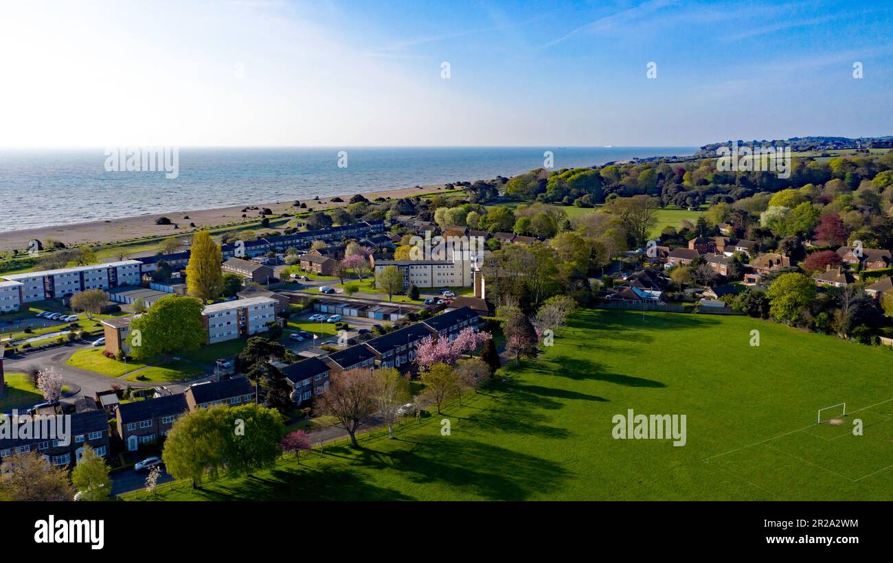 Aerial view, taken from a Drone Flying over Marke Wood Recreation Ground, Walmer, looking  West towards Kingsdown Stock Photo