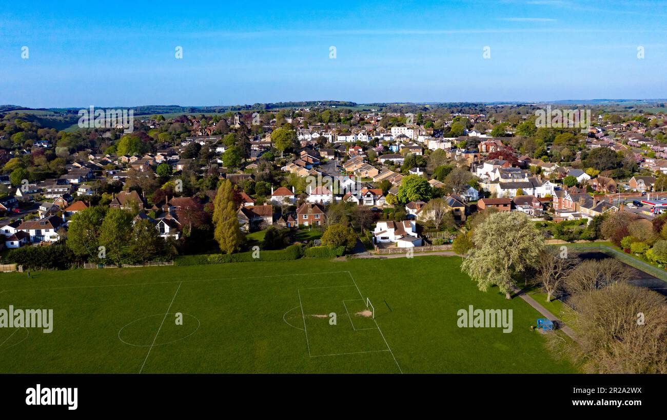Aerial view, taken from a Drone Flying over Marke Wood Recreation Ground, Walmer, looking  North-West towards  Ripple Windmill Stock Photo