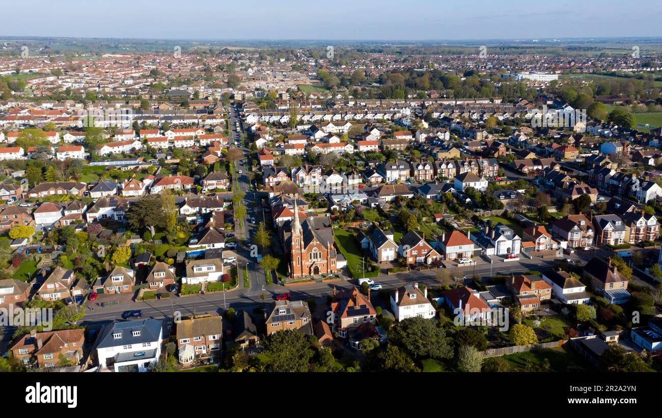Aerial view, taken from a Drone Flying over Marke Wood Recreation Ground Walmer. looking  down Kelvedon Road, towards Mill Hill and Upper Deal. Stock Photo