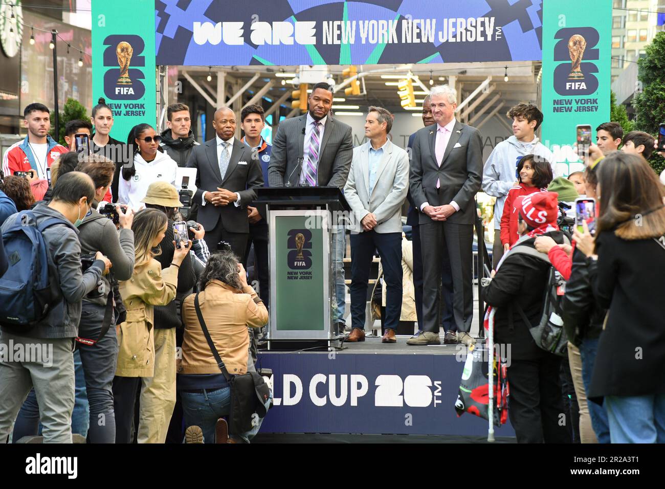 Michael Strahan speaks at the FIFA World Cup 2026 launch event in Times