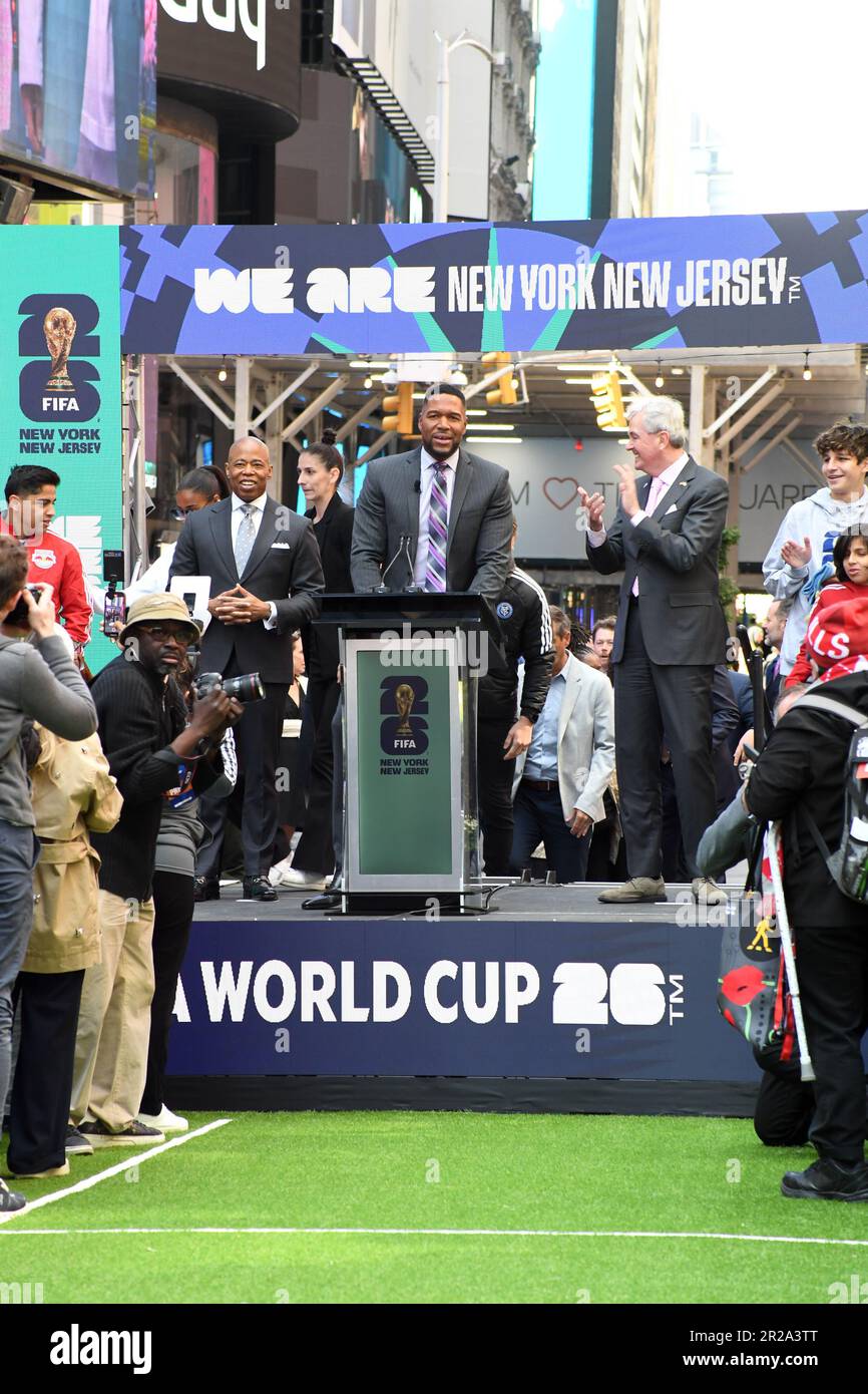Michael Strahan speaks at the FIFA World Cup 2026 launch event in Times