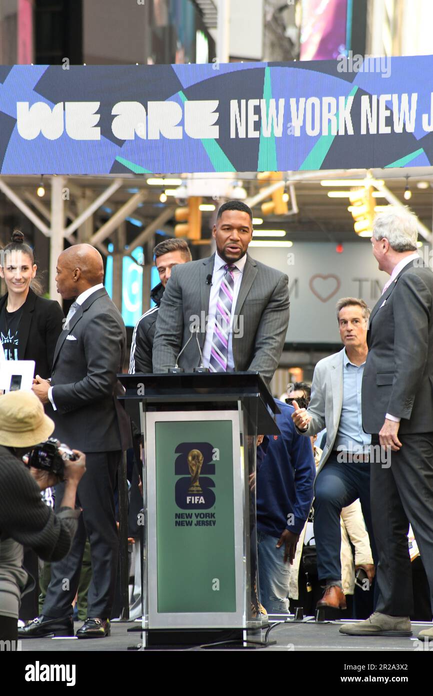 Michael Strahan speaks at the FIFA World Cup 2026 launch event in Times