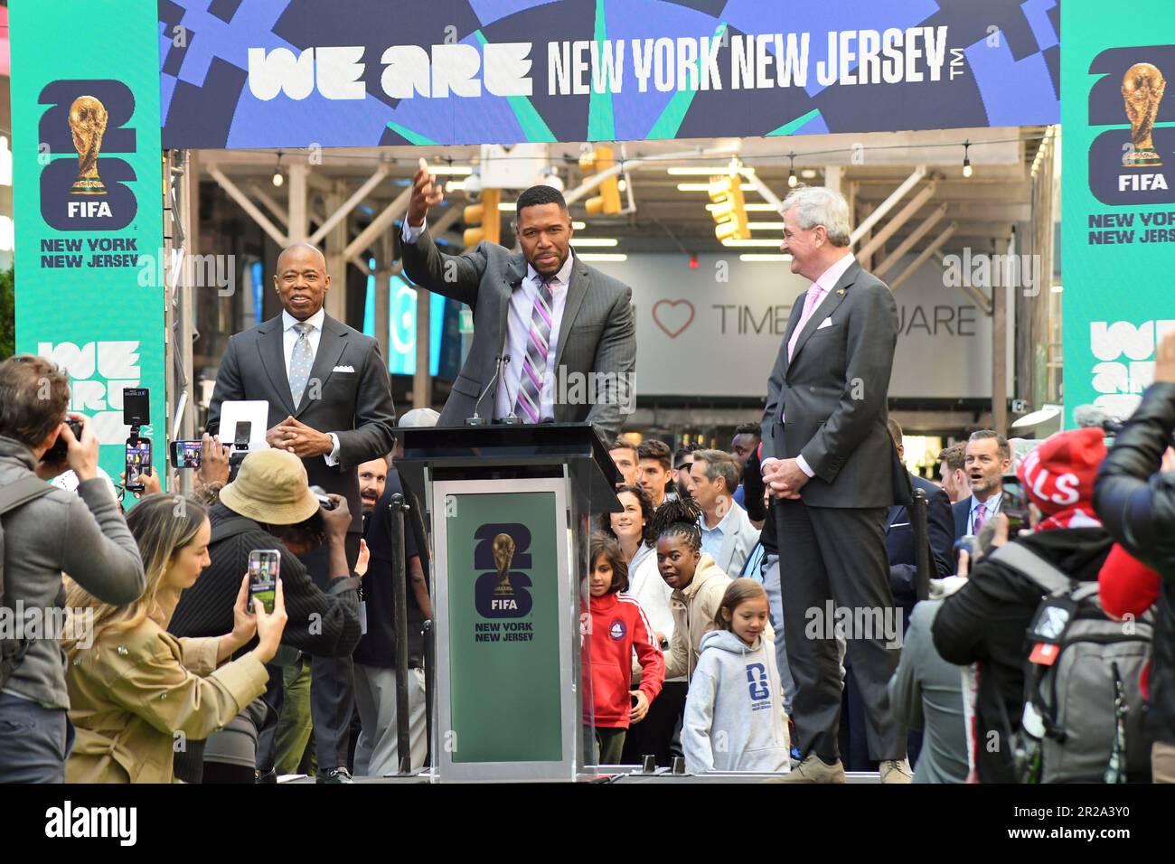 Michael Strahan speaks at the FIFA World Cup 2026 launch event in Times