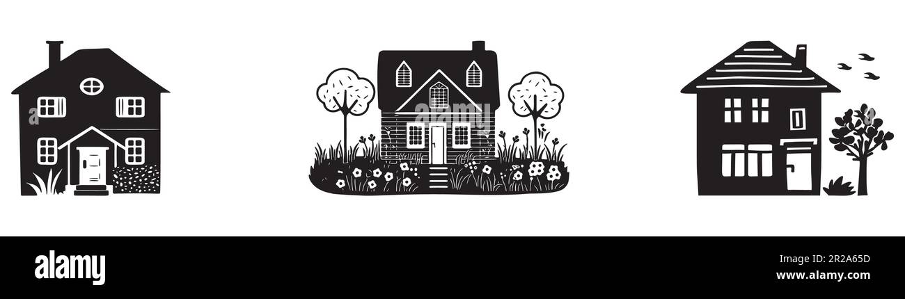 Set of rustic cottage motif in homestead vintage style. Vector illustration of whimsical rural country house.  Stock Vector