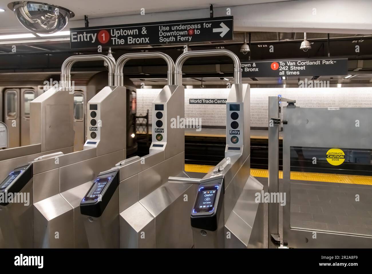 New York City, NY, USA-August 2022; Close up view of the turnstiles in the subway station of World Trade Center Oculus designed by Calatrava Stock Photo