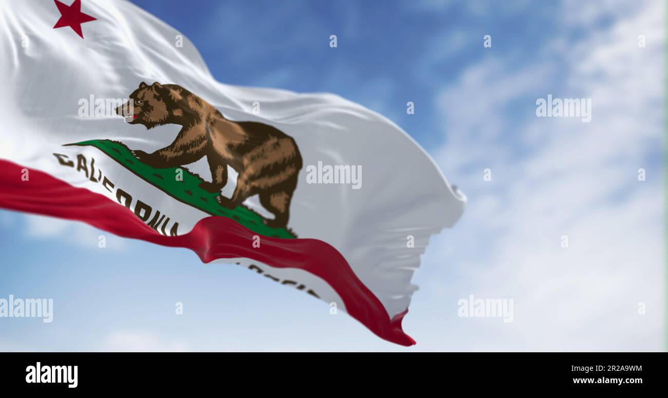 California State flag waving on a clear day. California flag is also the Bear Flag. 3d illustration render. Rippled Fabric. Textured background. Selec Stock Photo