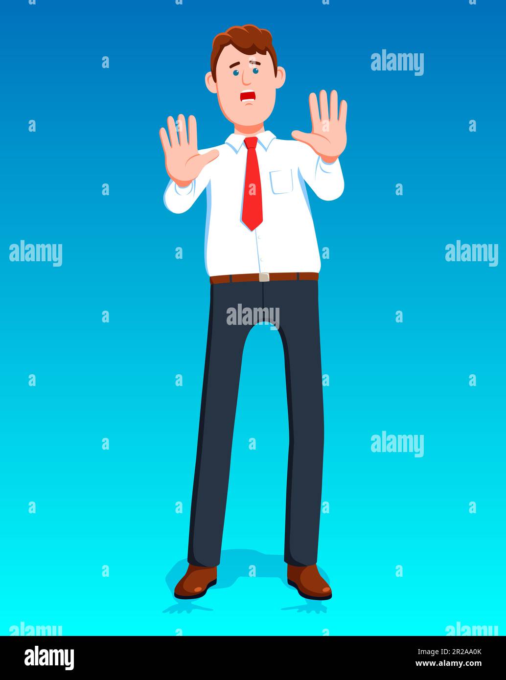 Businessman scared. Office worker frightened gesture with hands Stock Vector