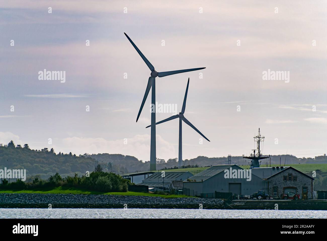 Wind power generators in the south of Ireland, landscape. Two wind