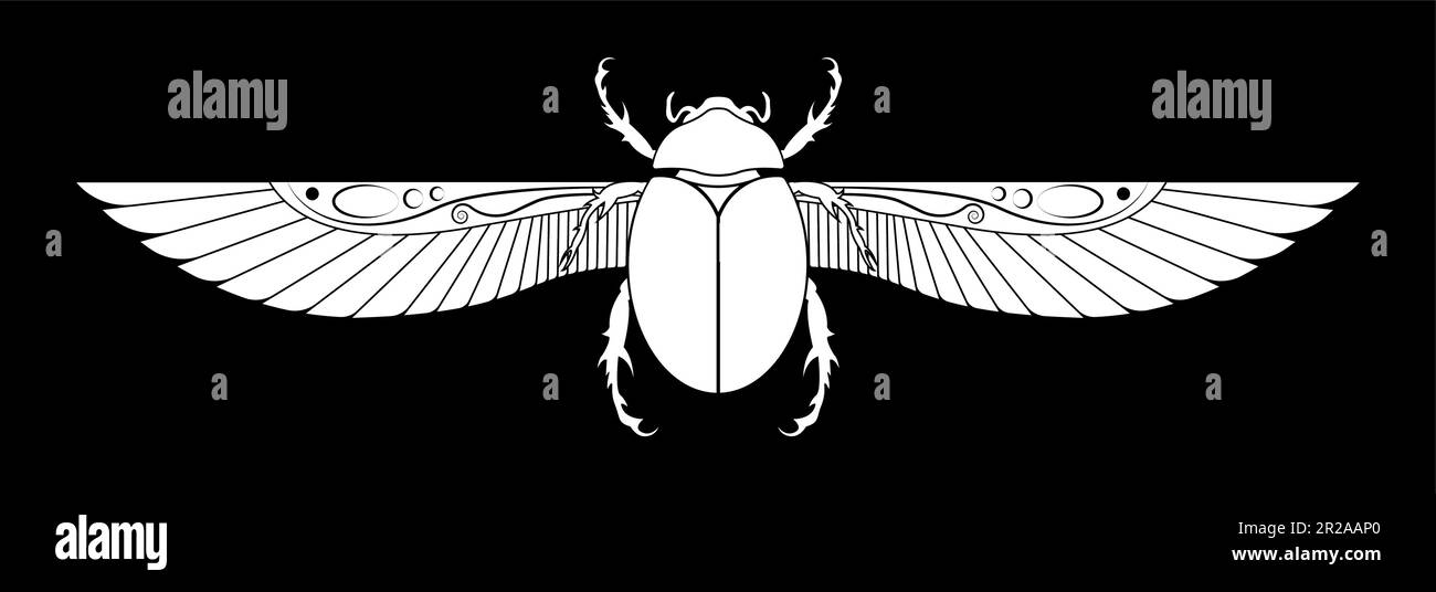 egyptian sacred Scarab wall art design. beetle with wings. Vector illustration white logo, personifying the god Khepri. Symbol of the ancient Egyptian Stock Vector