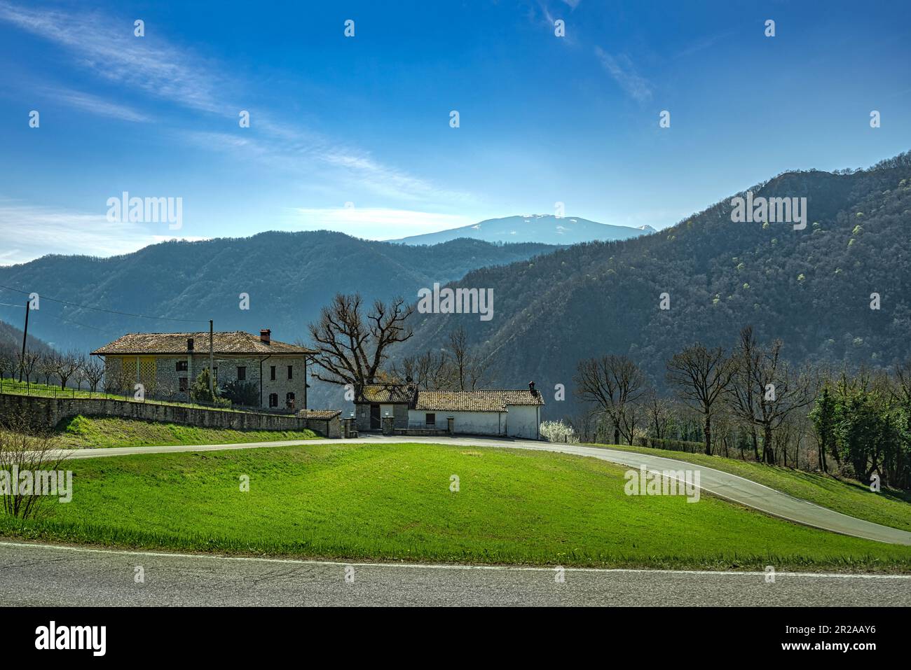 Ancient farmhouses restored on the hills of the Emilian Apennines. Emilia-Romagna, Italy, Europe Stock Photo