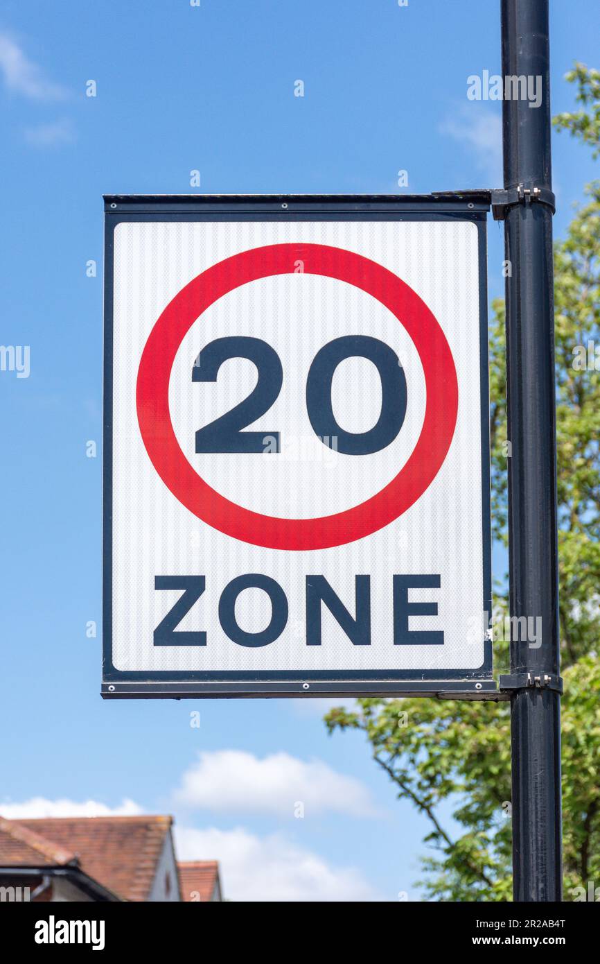 20mph zone sign, Lillian Avenue, Acton Town, Acton, London Borough of Ealing, Greater London, England, United Kingdom Stock Photo
