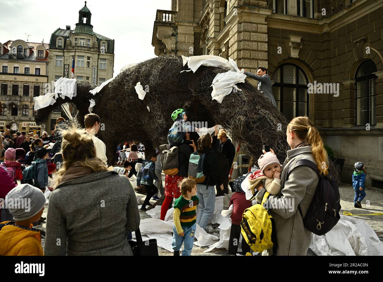 Liberec, Czech Republic. 18th May, 2023. Sculptor Frantisek Skala (not seen) unveiled his Vulpes Gott sculpture on the corner of the Liberec Town Hall, on May 18, 2023. The statue is over seven metres long and weighs about four tonnes. Credit: Radek Petrasek/CTK Photo/Alamy Live News Stock Photo