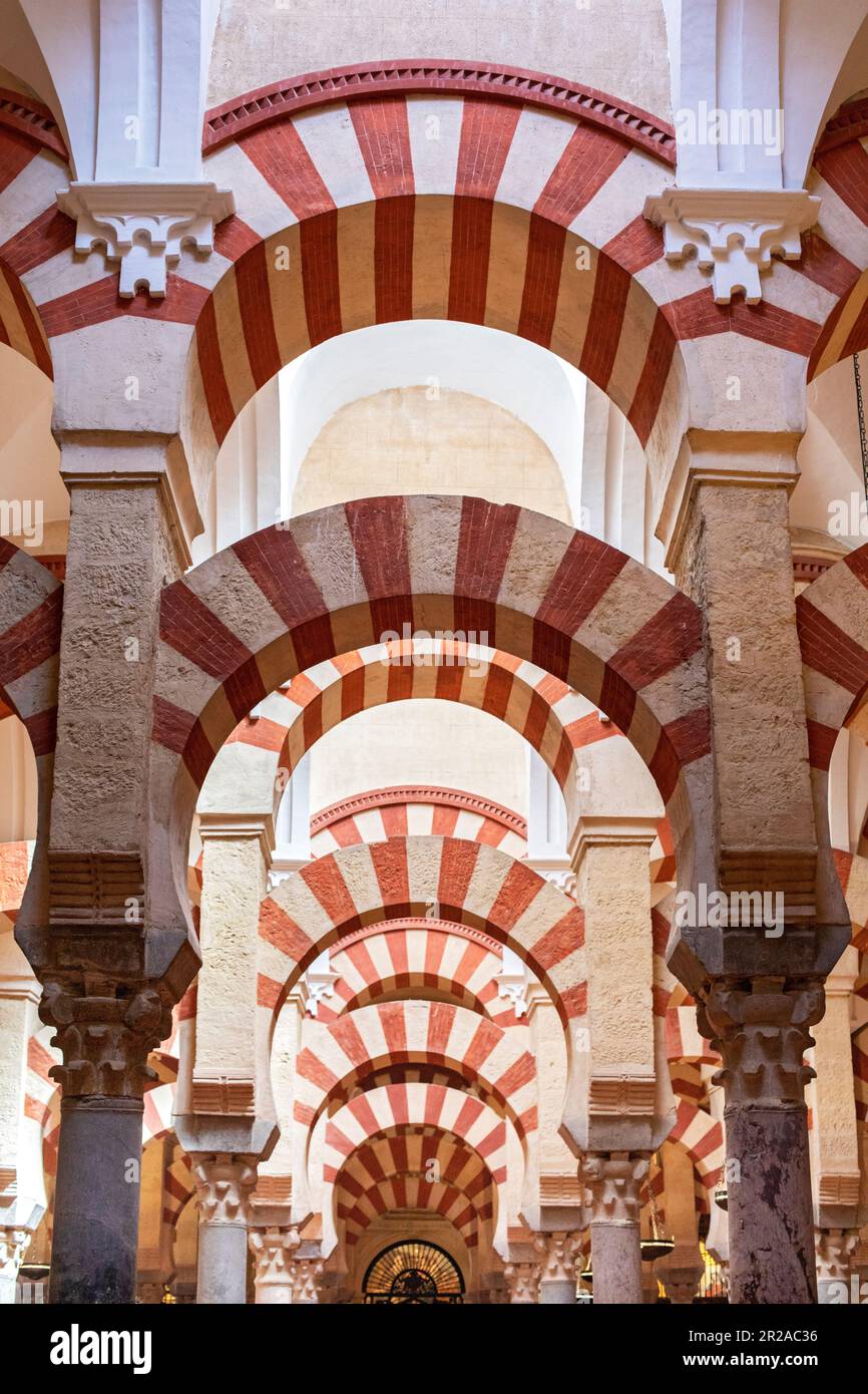 Spain, Cordoba, Mezquita, also known as the Great Mosque of Cordoba. Interior details of Moorish architecture Stock Photo