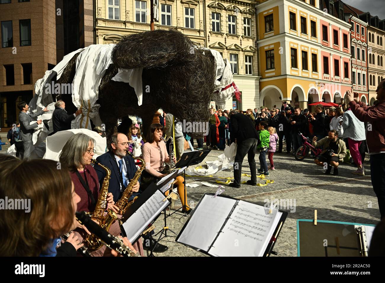 Liberec, Czech Republic. 18th May, 2023. Sculptor Frantisek Skala (not seen) unveiled his Vulpes Gott sculpture on the corner of the Liberec Town Hall, on May 18, 2023. The statue is over seven metres long and weighs about four tonnes. Credit: Radek Petrasek/CTK Photo/Alamy Live News Stock Photo