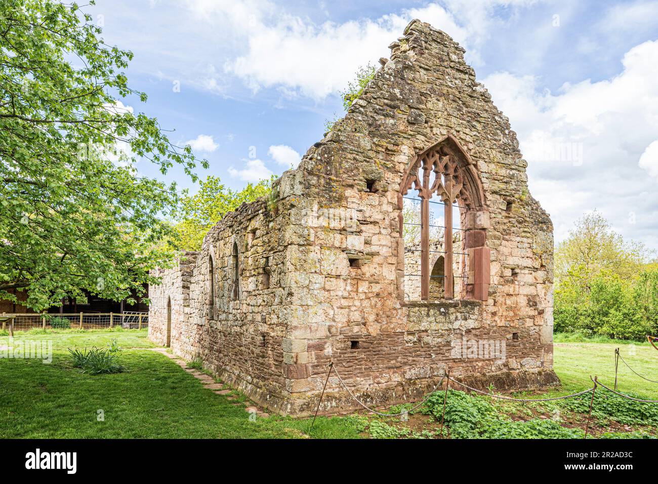 The ruins of the 12th century Norman chapel beside Lower Brockhampton Manor House near Bromyard, Herefordshire, England UK Stock Photo
