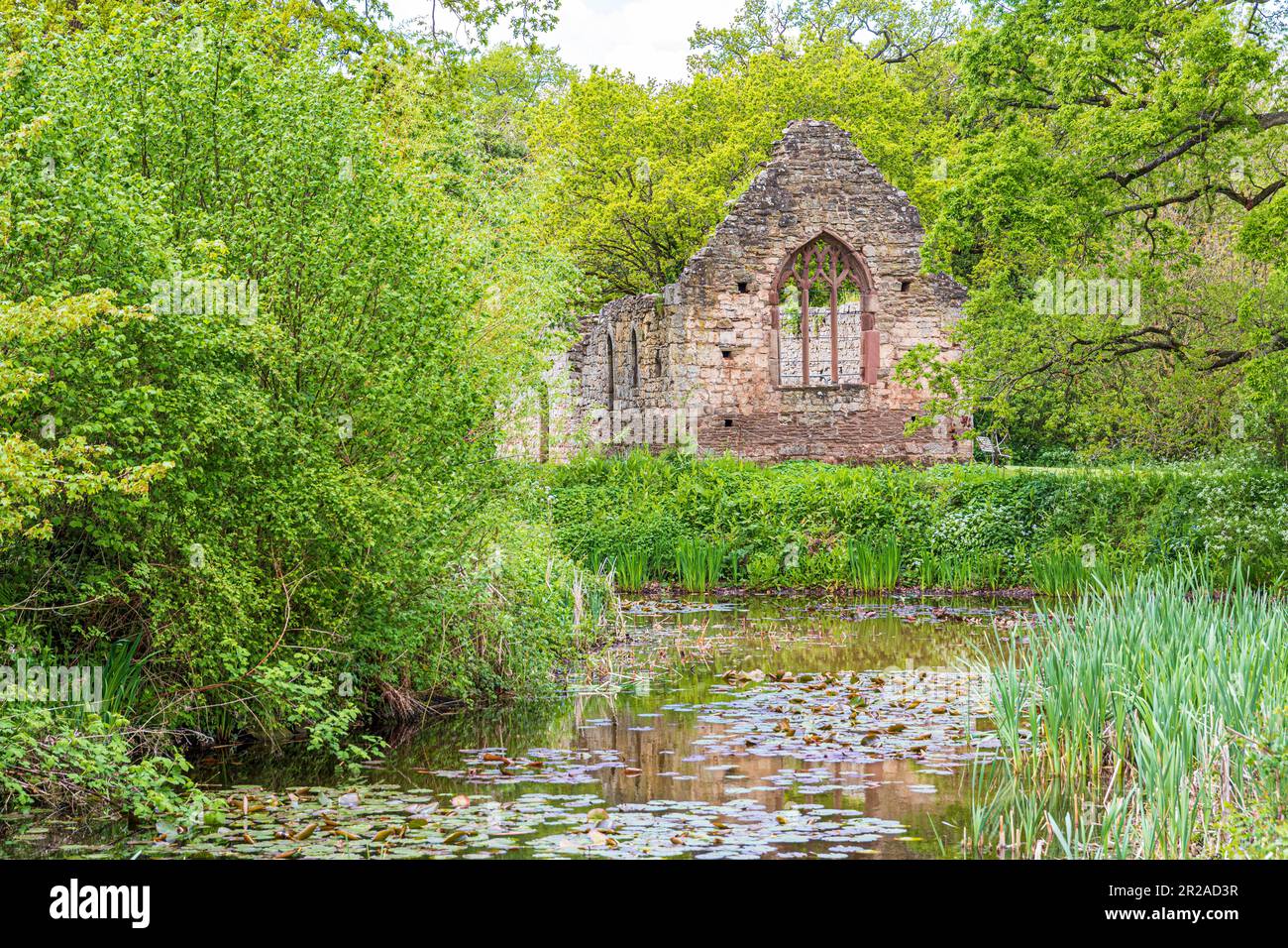 The ruins of the 12th century Norman chapel beside the moat of Lower Brockhampton Manor House near Bromyard, Herefordshire, England UK Stock Photo