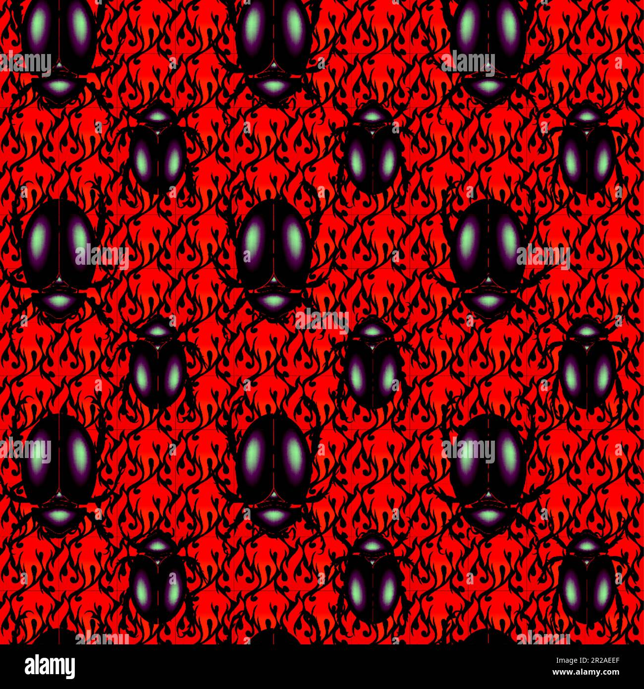 seamless pattern of a scarab beetles, vector insect in shiny black color isolated on a red vibrant color floral background Stock Vector